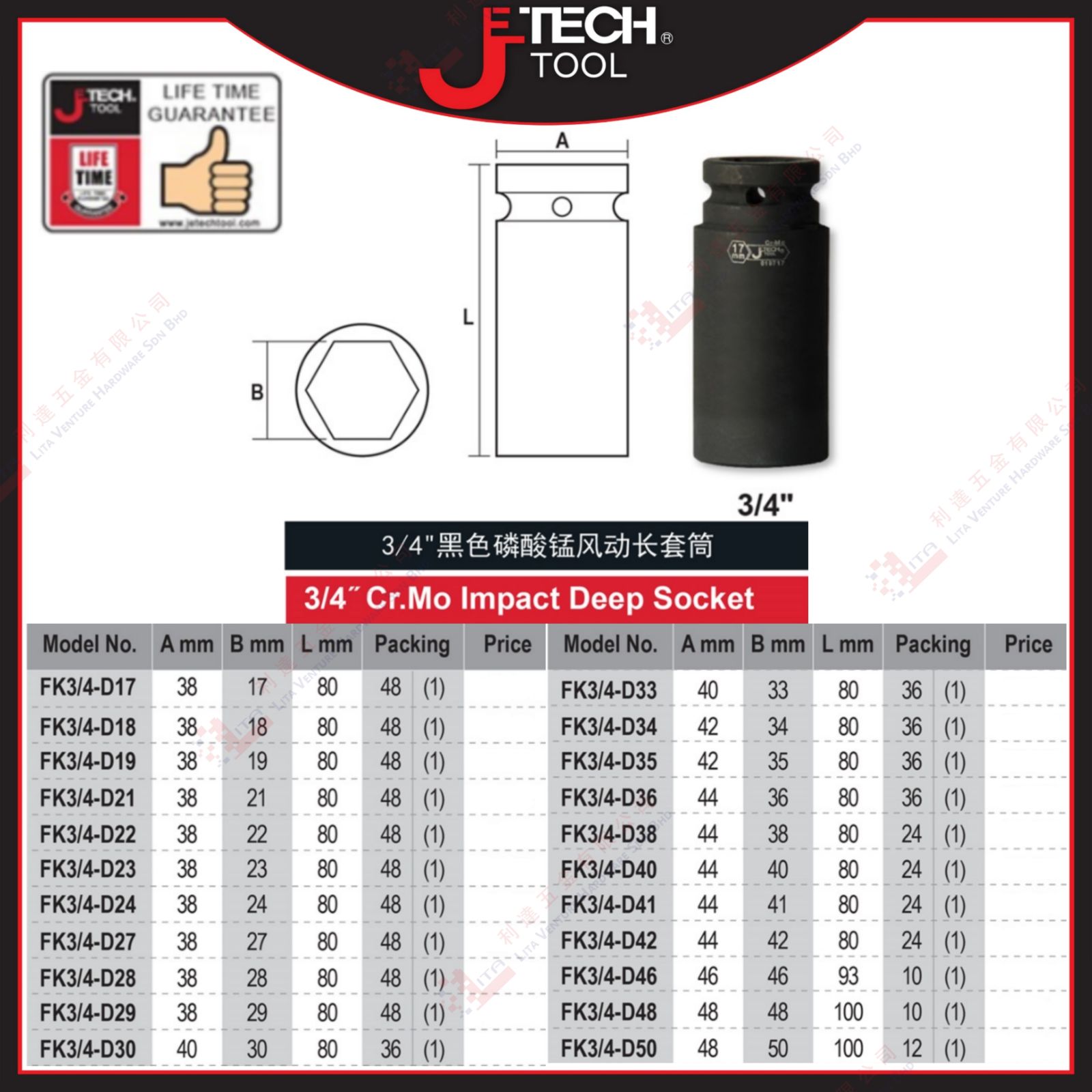 JTECH BRAND CRMO IMPACT DEEP SOCKET - FK34D17 FK34D18 FK34D19 FK34D21 FK34D22 FK34D23 FK34D24 FK34D27 FK34D28 FK34D29 FK34D30