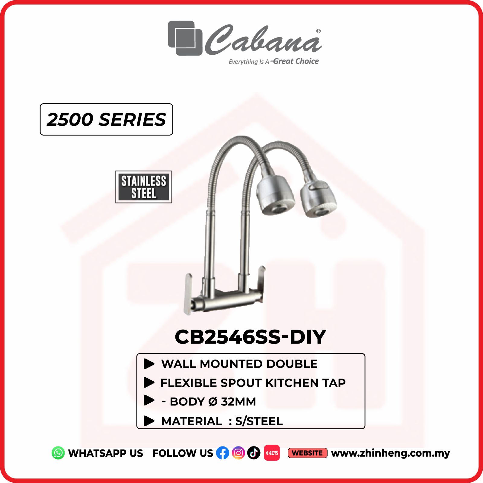 CABANA Wall Mounted Double Flexible Spout Kitchen Tap (Double) CB2546SS-DIY
