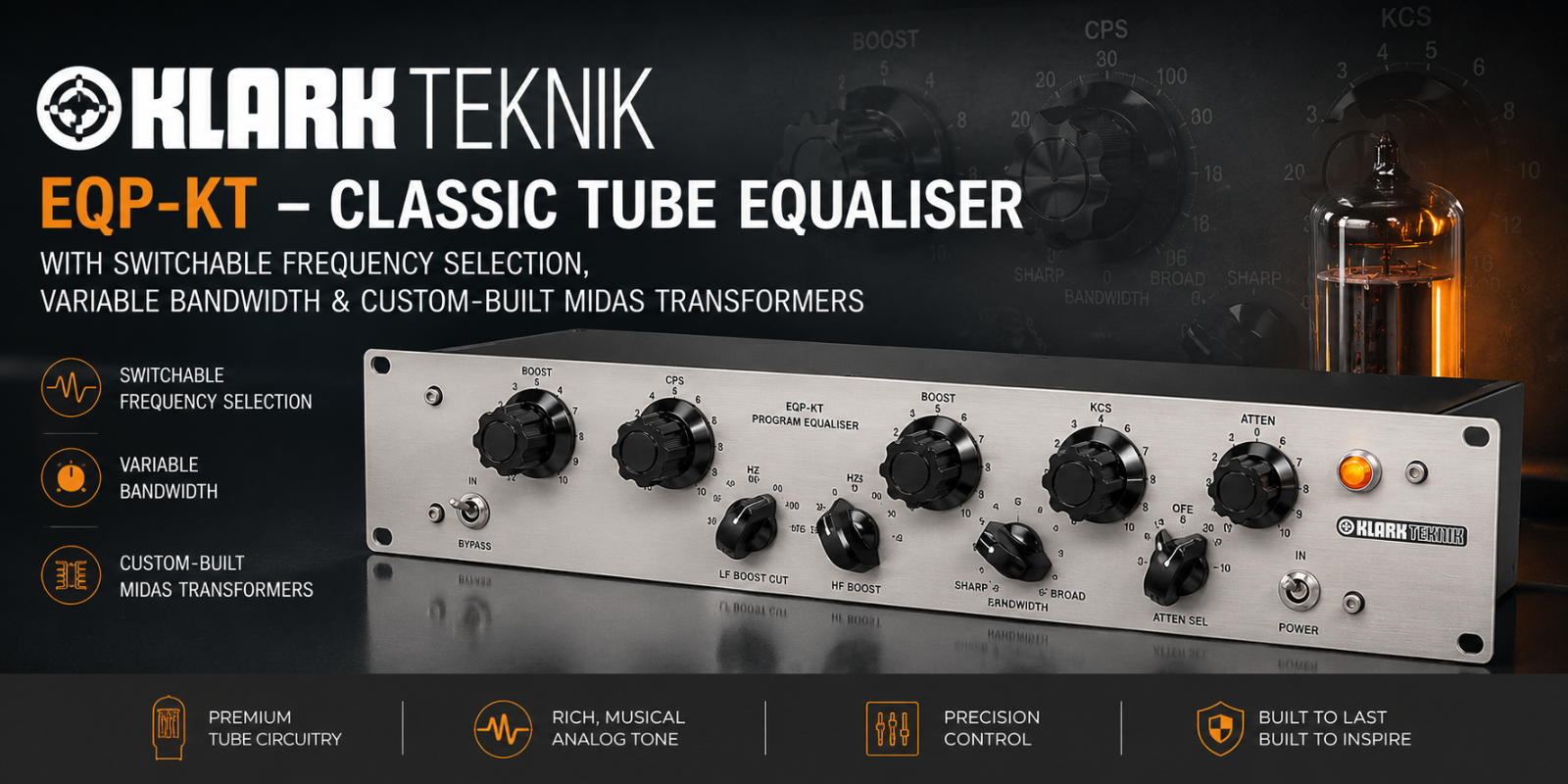 Klark Teknik EQP-KT – Penala Tiub Klasik dengan Pemilihan Frekuensi Boleh Tukar, Lebar Jalur Boleh Laras & Transformer Midas Tersuai