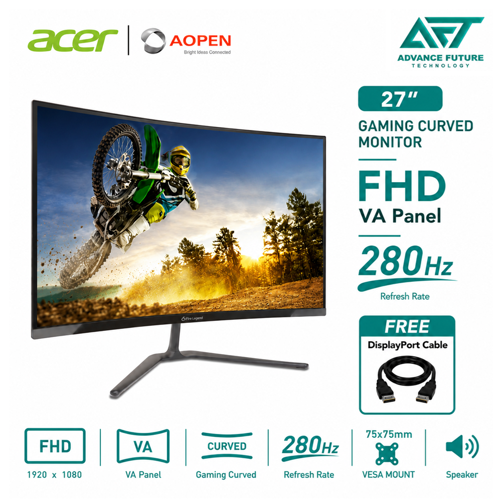 Acer AOPEN 27HC5RZ1 27" FHD VA 280Hz Gaming Curved Monitor ( Speaker, 2x HDMI, DP, 3 Years Warranty )