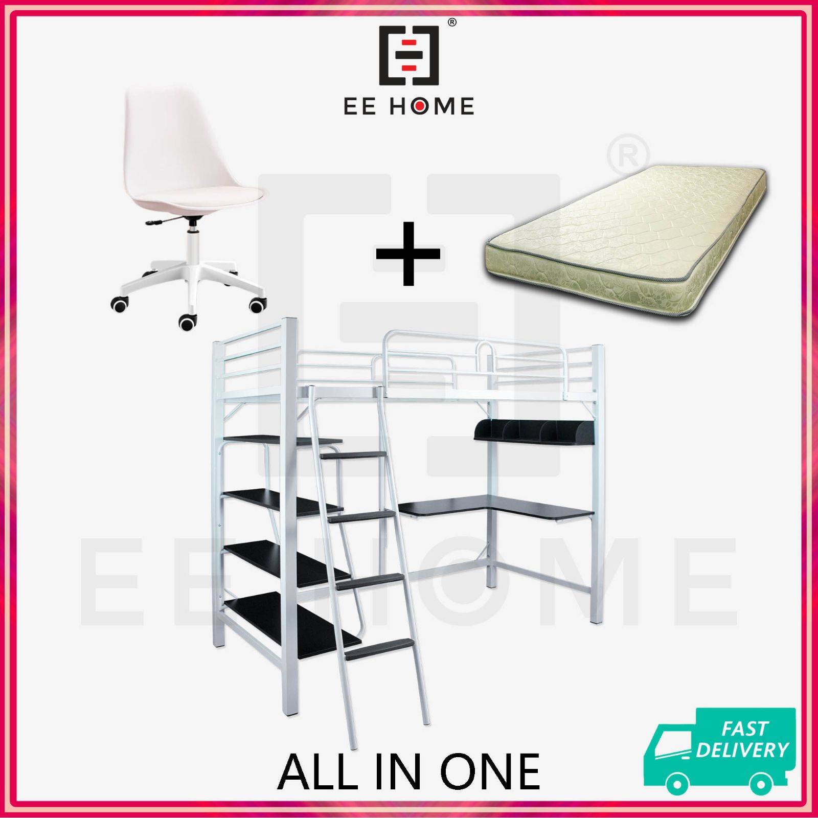 Combo Set Aloha Loft Single Size Bed Frame with Study Table and Book Shelves CM-BF62