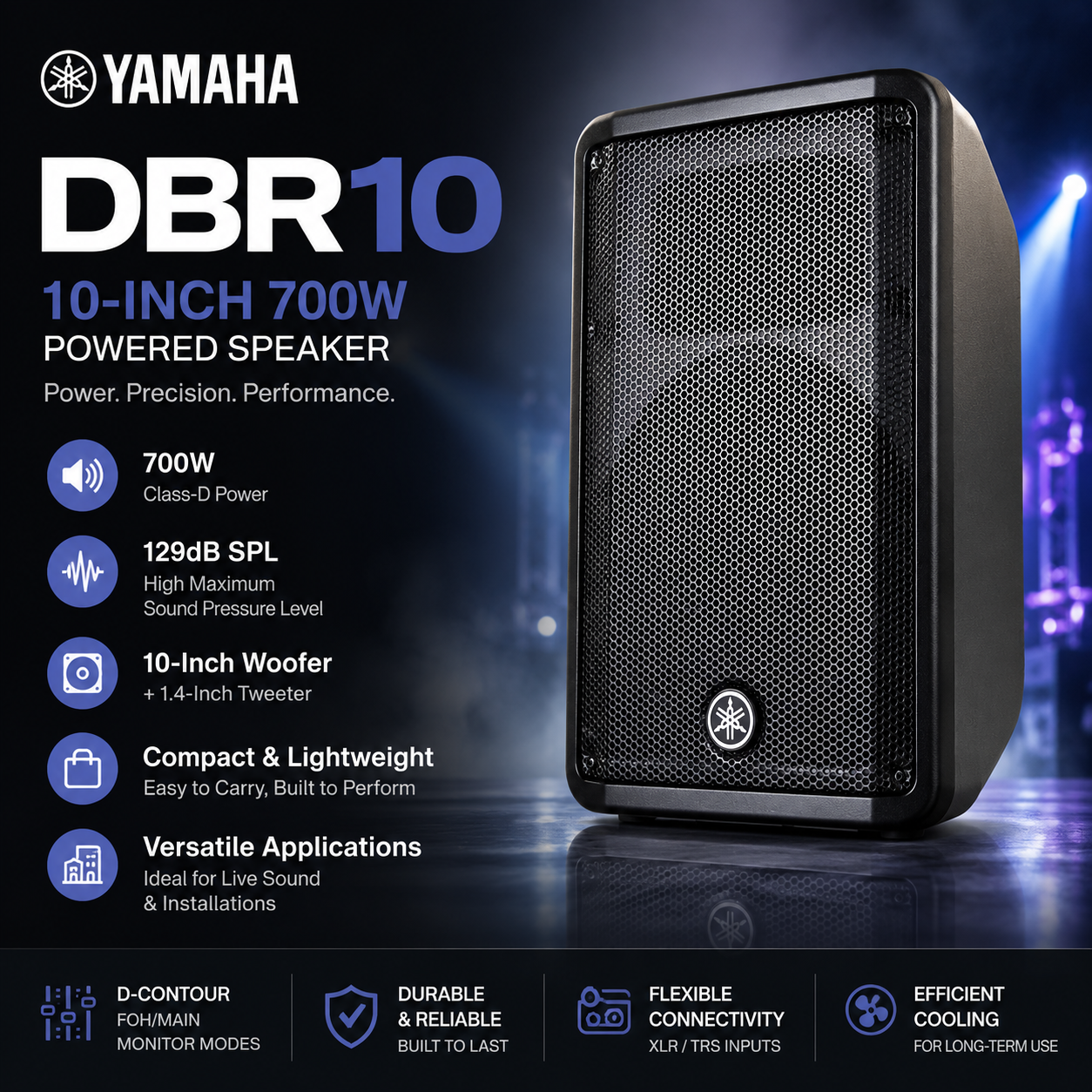 雅马哈 DBR10 – 10寸 700W 有源音箱，129dB 高声压，紧凑设计，适用于现场与固定安装