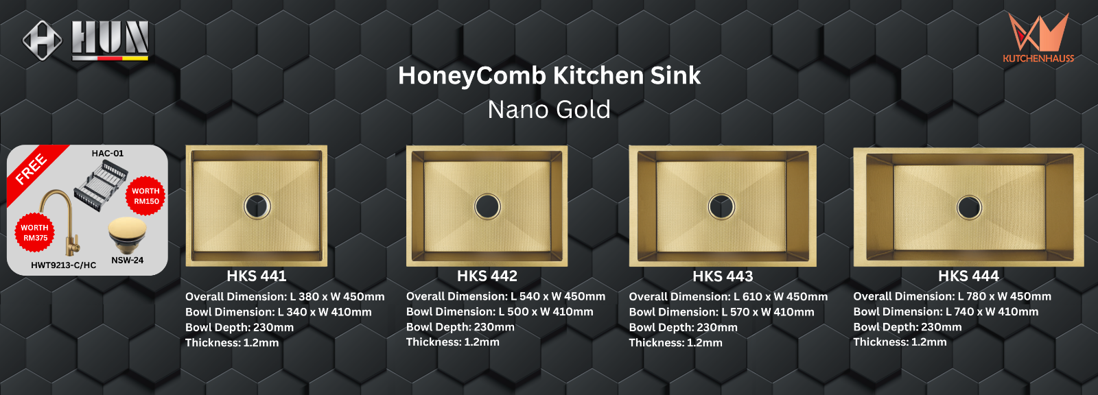HUN - HoneyComb Kitchen Sink Single Bowl Package (Nano Gold) | HKS 441, HKS 442, HKS 443, HKS 444