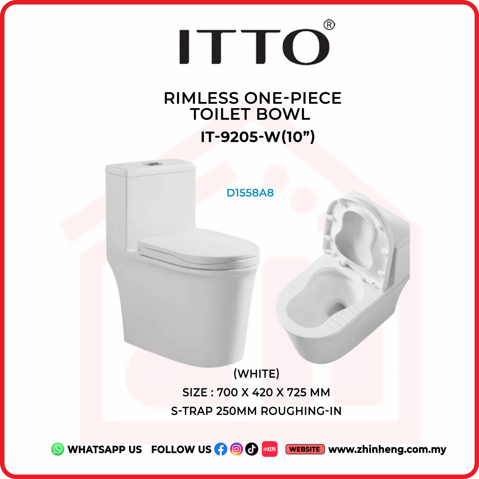 RIMLESS ONE PIECE TOILET BOWL ( WHITE) ITTO IT-9205-W(10")