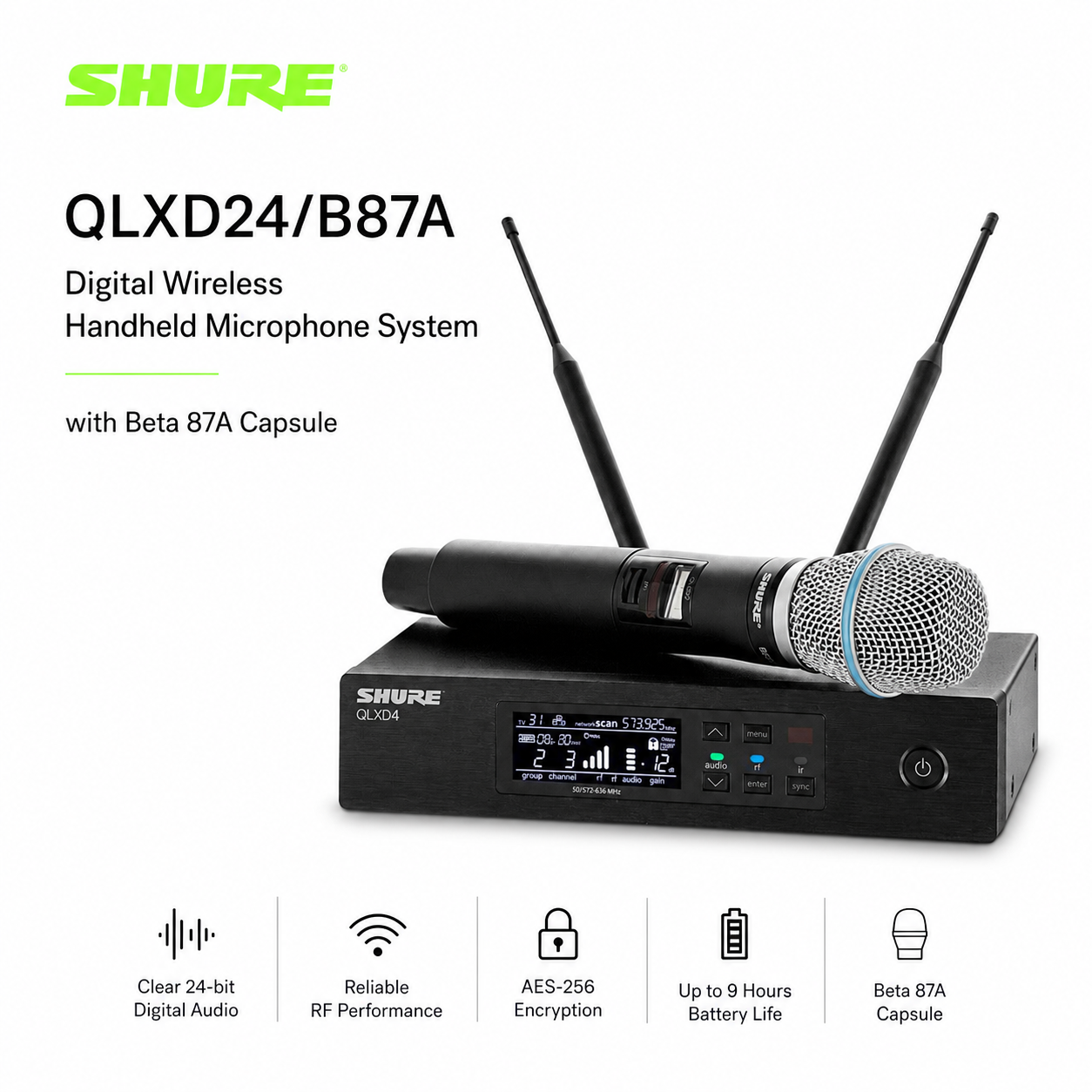 舒尔 Shure QLXD24/B87A 数字无线手持麦克风系统（配 Beta 87A 音头）