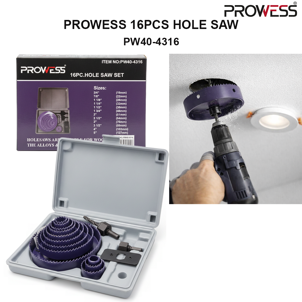 PROWESS 16PCS HOLE SAW | CARBON STEEL HOLE SAW KIT | PROFESSIONAL WOOD, DRYWALL & PLASTIC CUTTING SET ( PW40-4316 )
