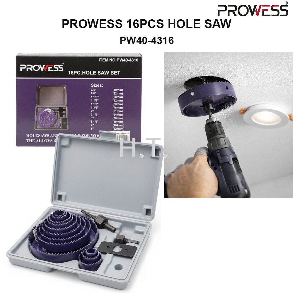 PROWESS 16PCS HOLE SAW | CARBON STEEL HOLE SAW KIT | PROFESSIONAL WOOD, DRYWALL & PLASTIC CUTTING SET ( PW40-4316 )