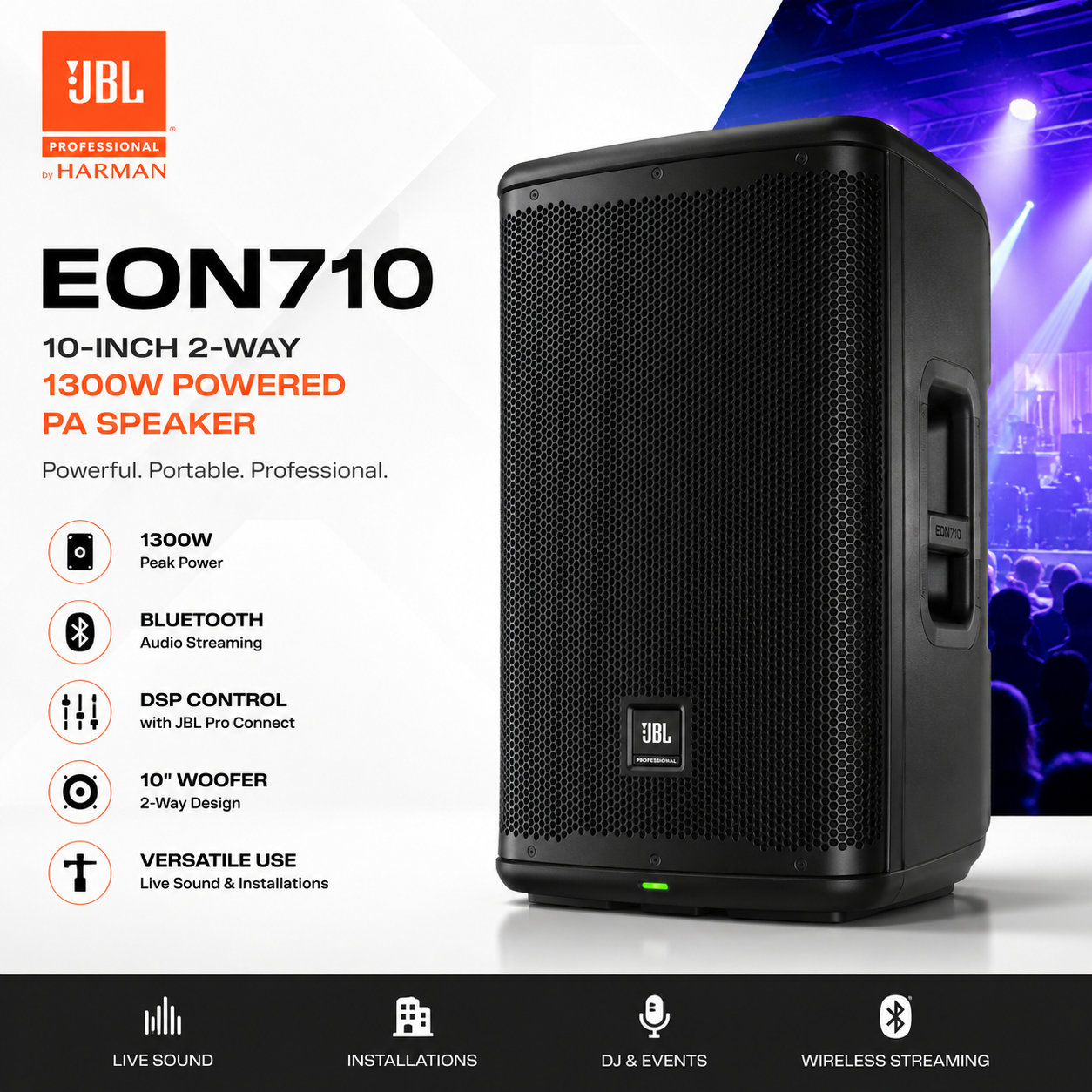 JBL EON710 – 10-Inch 2-Way 1300W Powered PA Speaker with Bluetooth Audio Streaming & DSP Control for Live Sound and Installations