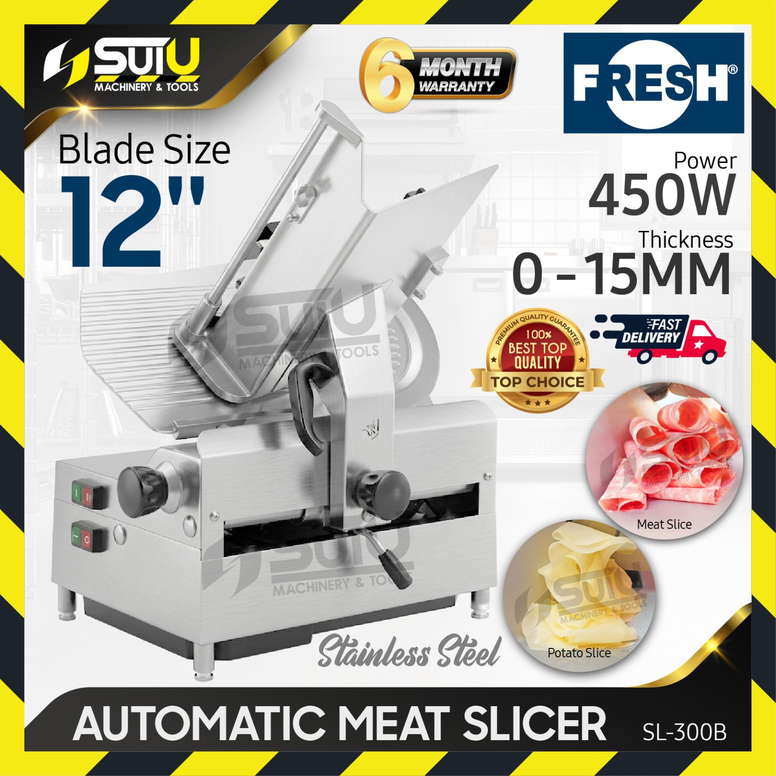 FRESH SL-300B / SL300B 12" Stainless Steel Automatic Meat Slicer 450W (0.5MM - 15MM)