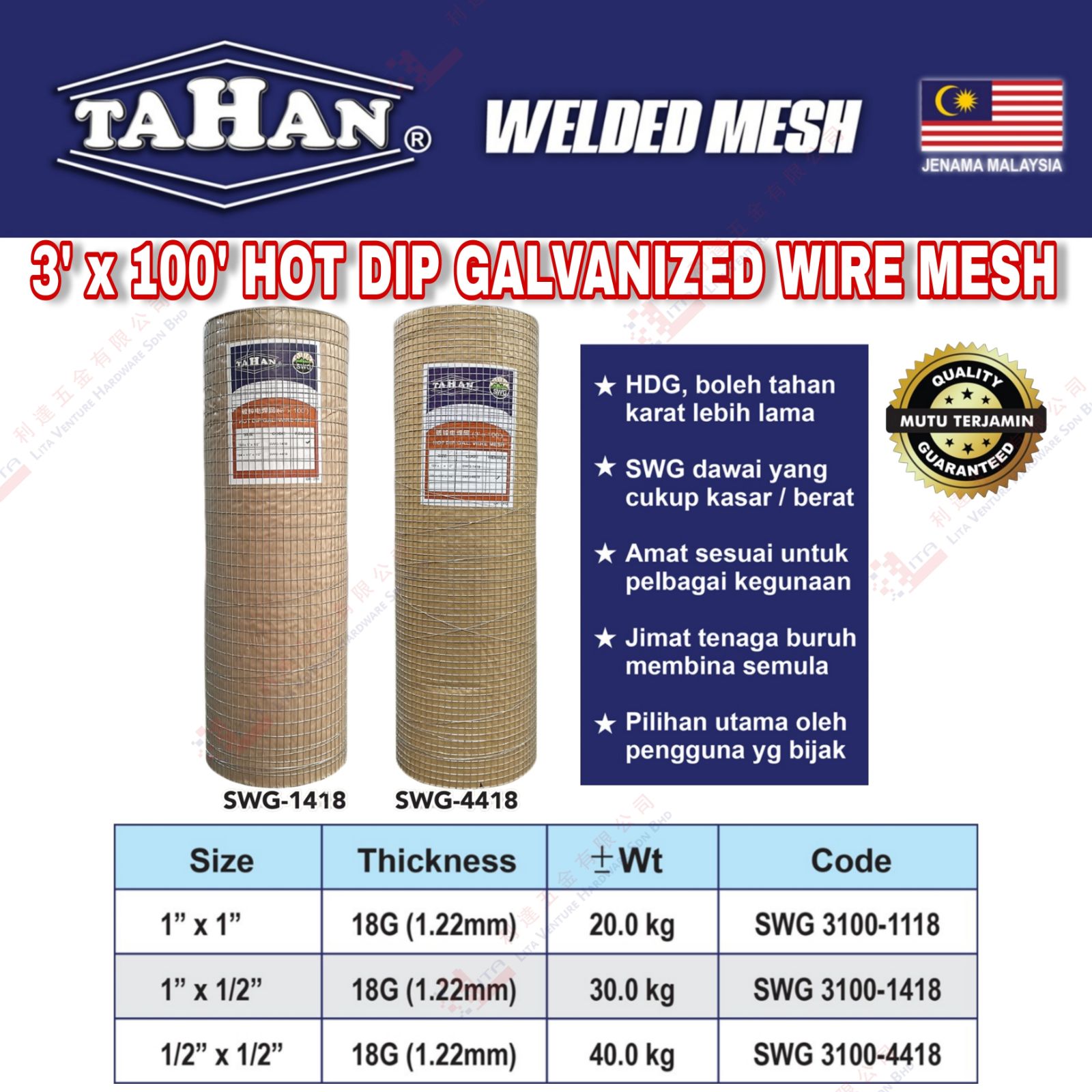 TAHAN BRAND HOT DIP GALVANIZE WIRE MESH - SWG3100118 SWG31001418 SWG31004418