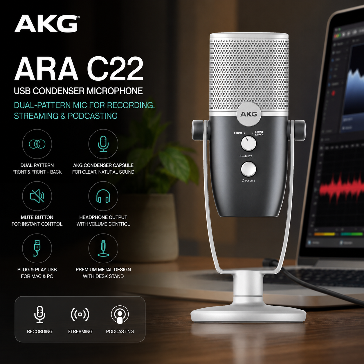 AKG Ara C22 USB Condenser Microphone – Dual-Pattern Mic for Recording, Streaming & Podcasting
