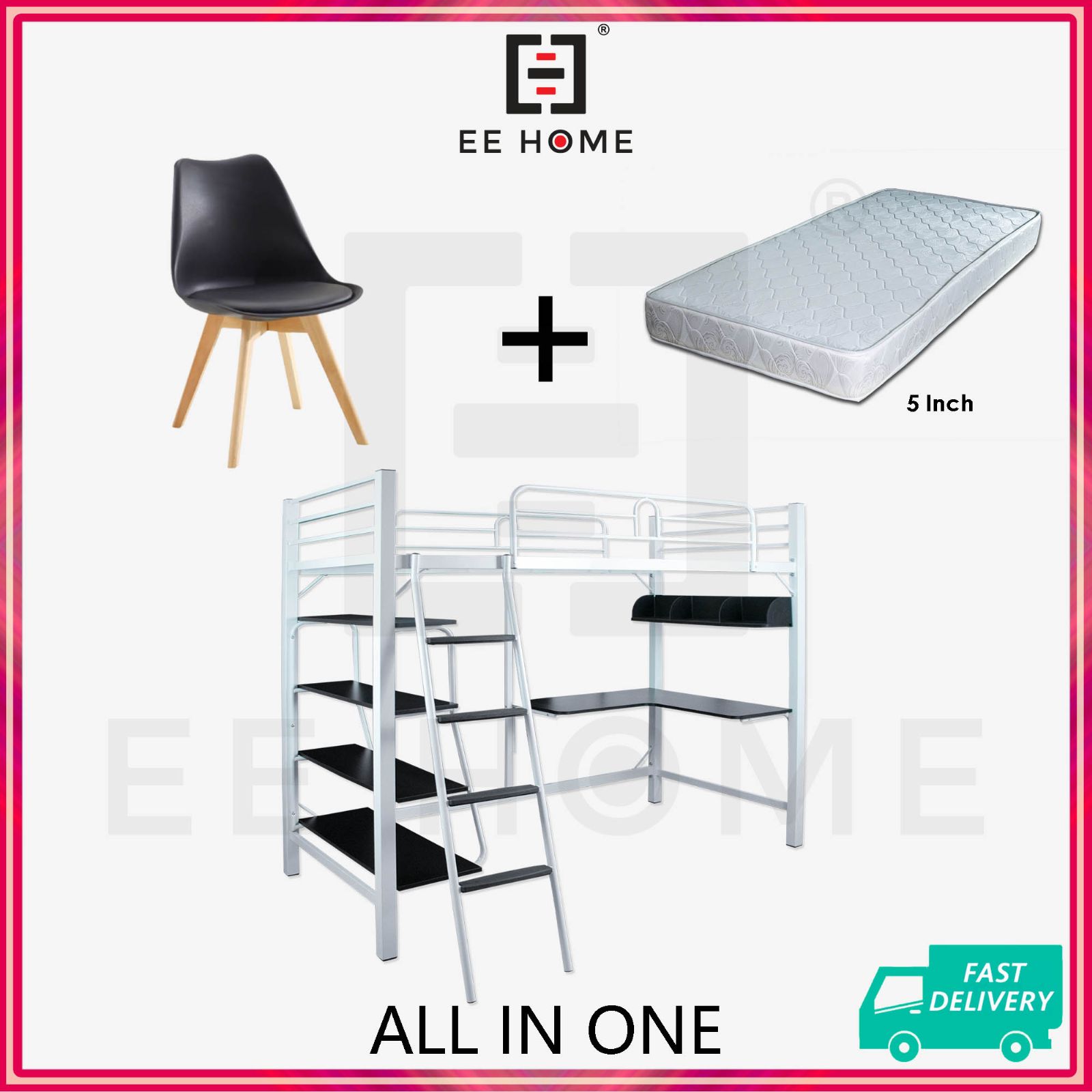 All in 1 Aloha Loft Single Size Bed Frame with Study Table Book Shelves Chair Katil Besi Aloha CM-BF60