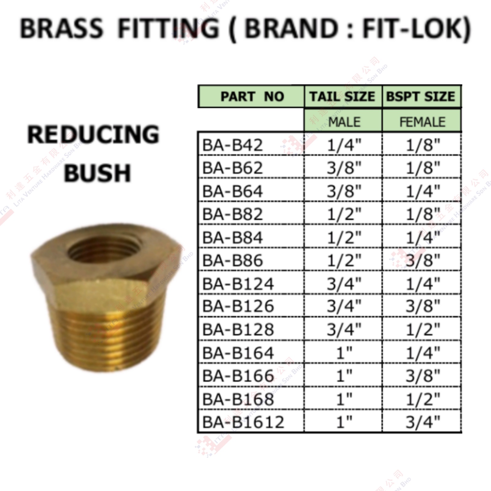 BRASS  FITTING REDUCING BUSH - BAB42 BAB62 BAB64 ...BAB1612