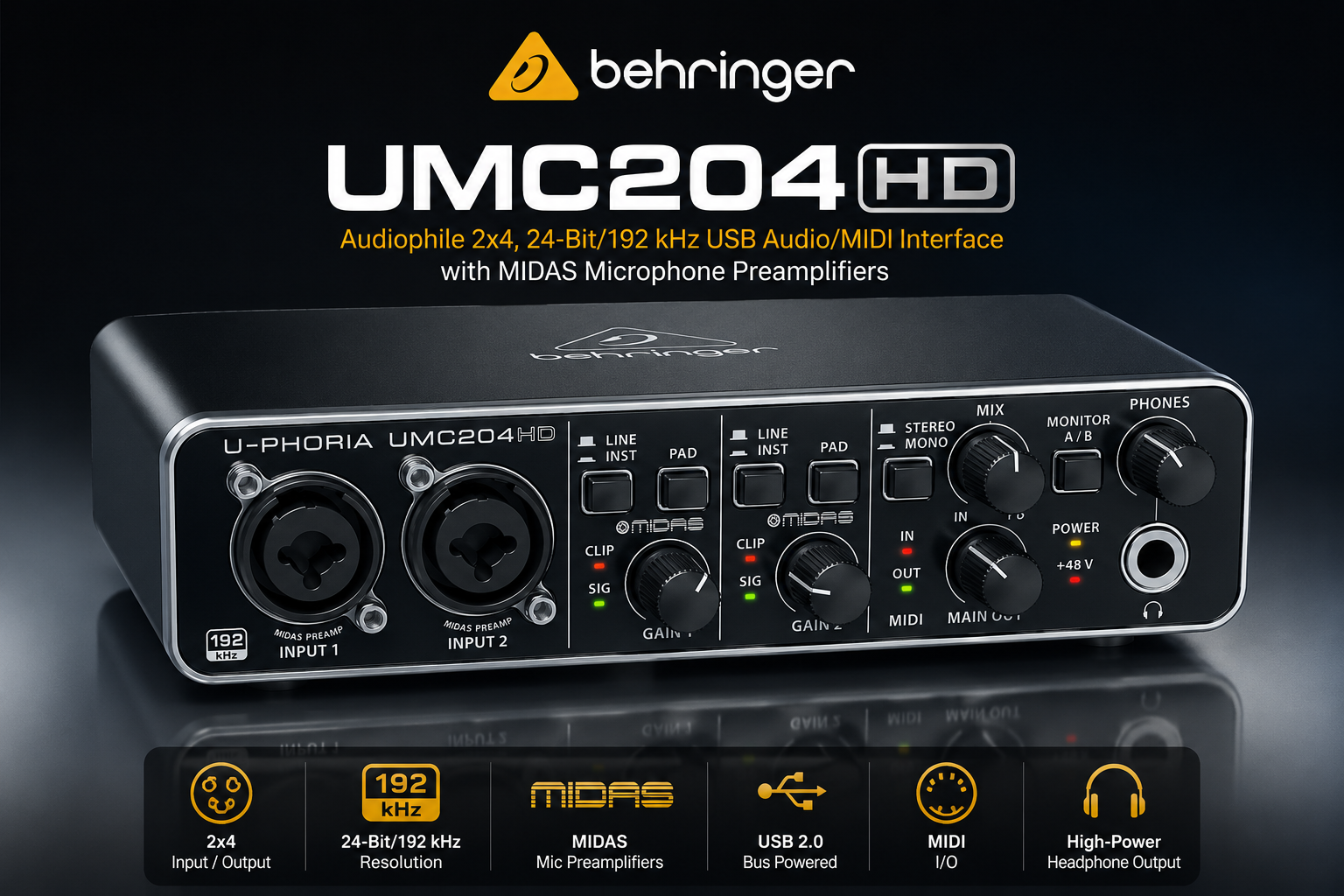 Behringer UMC204HD – Antara Muka Audio/MIDI USB 2x4 Audiophile 24-Bit/192 kHz dengan Preamplifier Mikrofon MIDAS