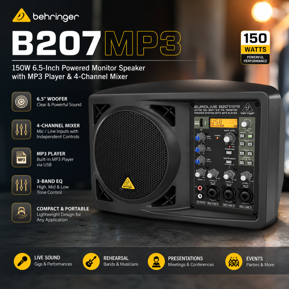 Behringer B207MP3 â 150W 6.5-Inch Powered Monitor Speaker with MP3 Player & 4-Channel Mixer