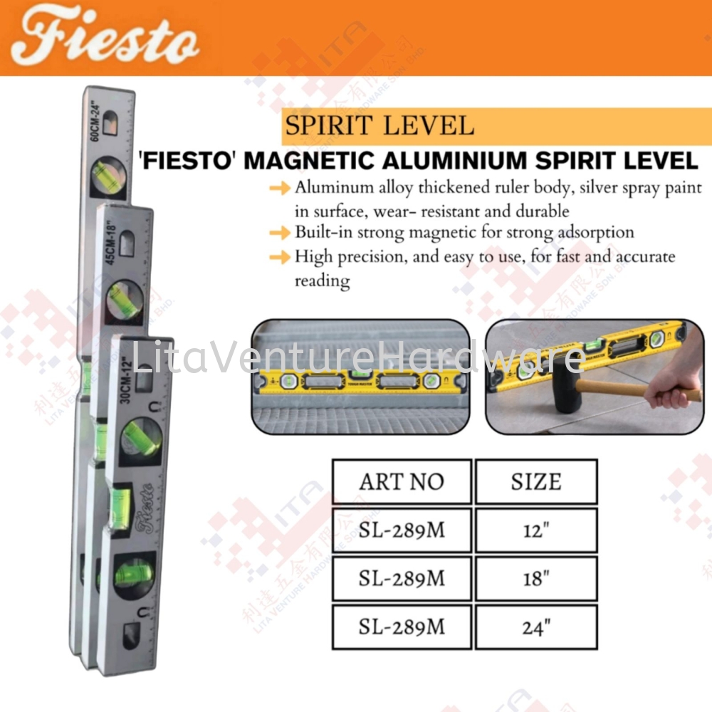 FIESTO BRAND MAGNETIC ALUMINIUM SPIRIT LEVEL - SL289M