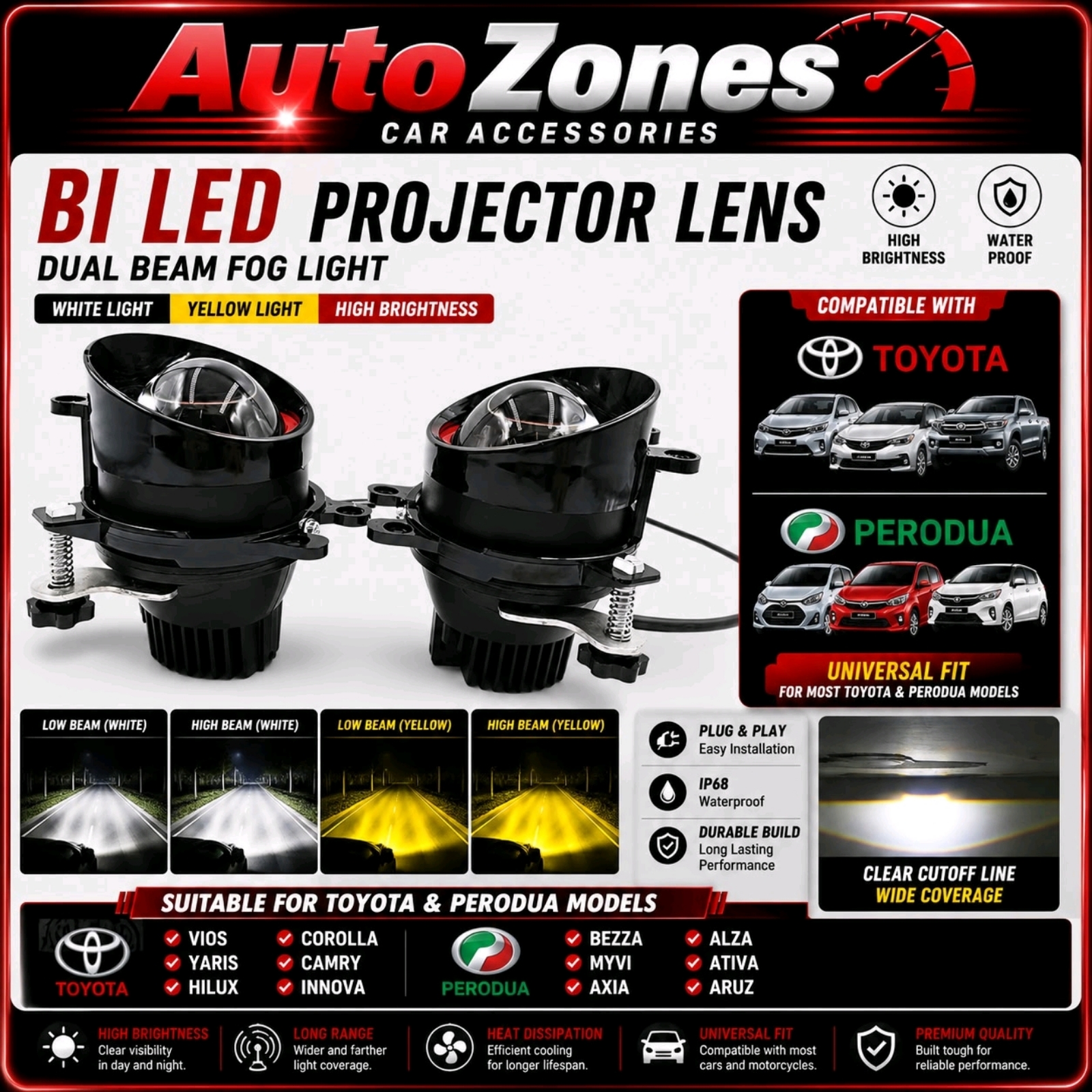 Fog Lamp Projector LED High/Low Beam Projector Lens Car Driving Lamps For Toyota Honda Nissan