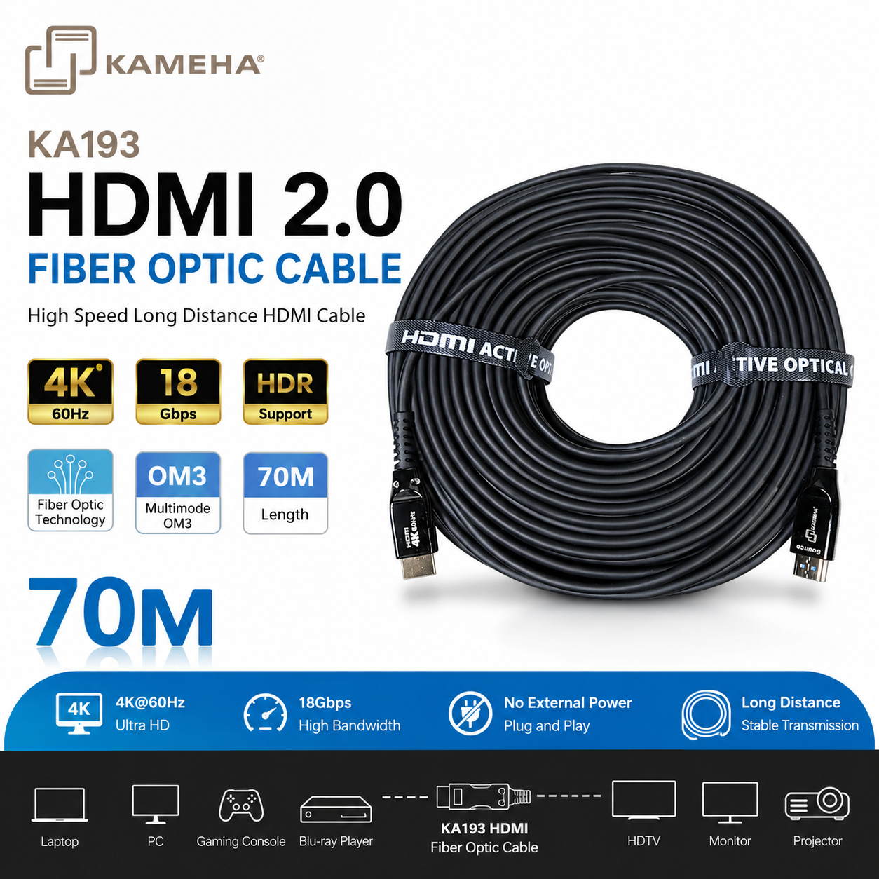 KAMEHA KA193 HDMI 2.0 Fiber Optic Cable OM3 70M 4K@60Hz 18Gbps High Speed Long Distance HDMI Cable