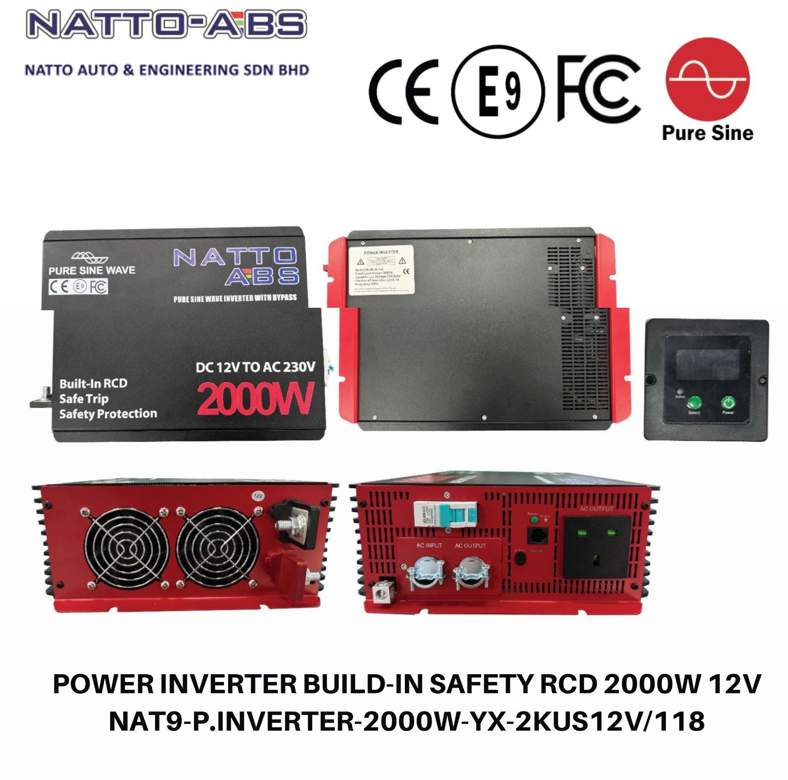 Pure Sine Wave Power Inverter 2000W (12V) Built-in Safety RCD (Residual Current Device)