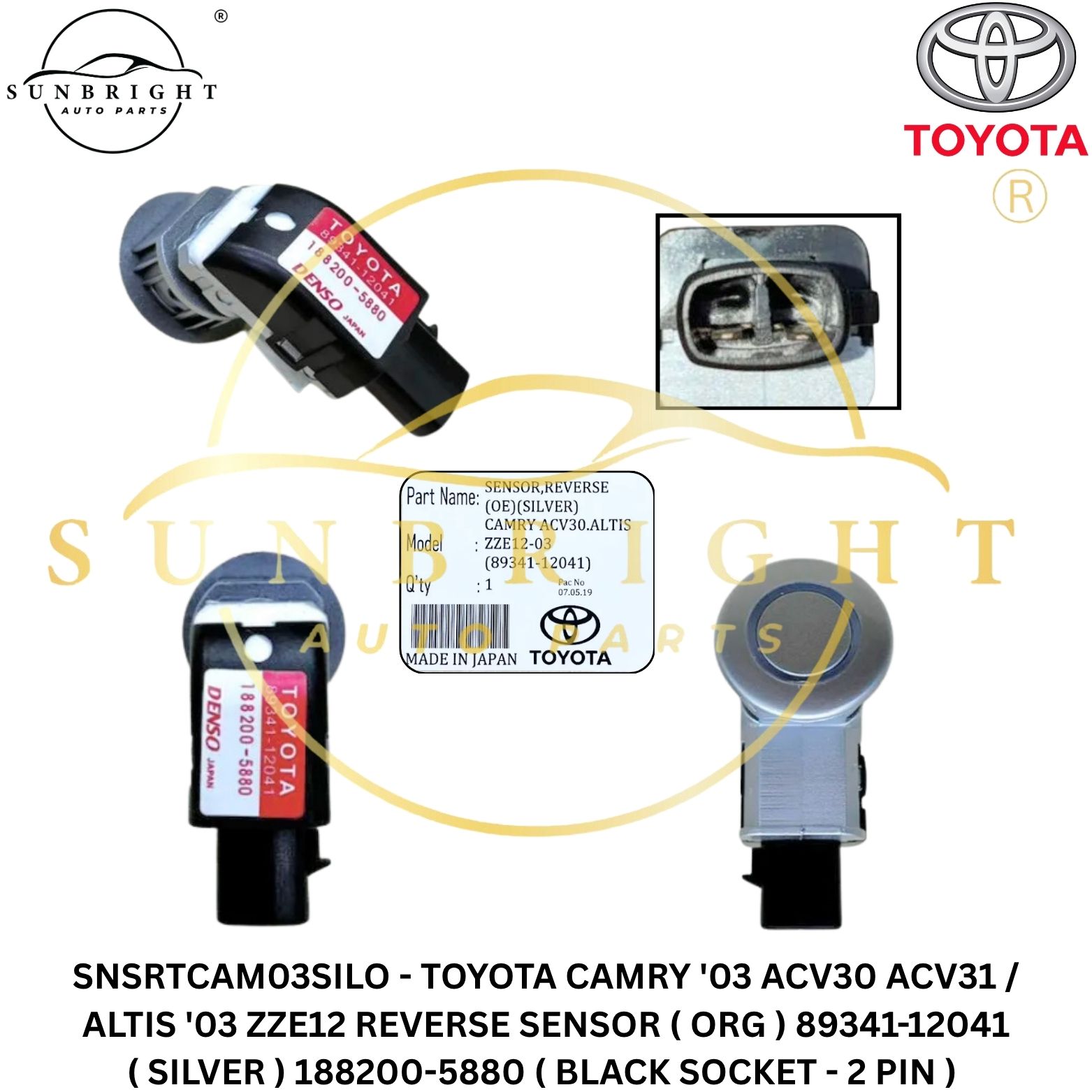 SNSRTCAM03SILO - TOYOTA CAMRY '03 ACV30 ACV31 / ALTIS '03 ZZE12 REVERSE SENSOR ( ORG ) 89341-12041 ( SILVER ) 188200-5880 ( BLACK SOCKET - 2 PIN )