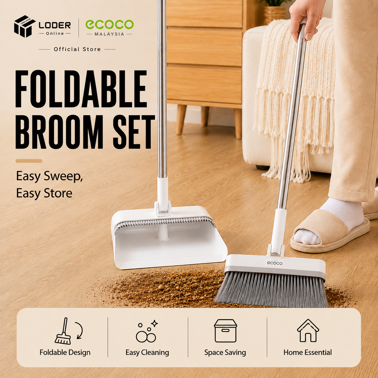 LODER ECOCO Foldable Broom Dustpan Set Rotating Long Handle Floor Hair Corner Cleaning Standing Sweeper