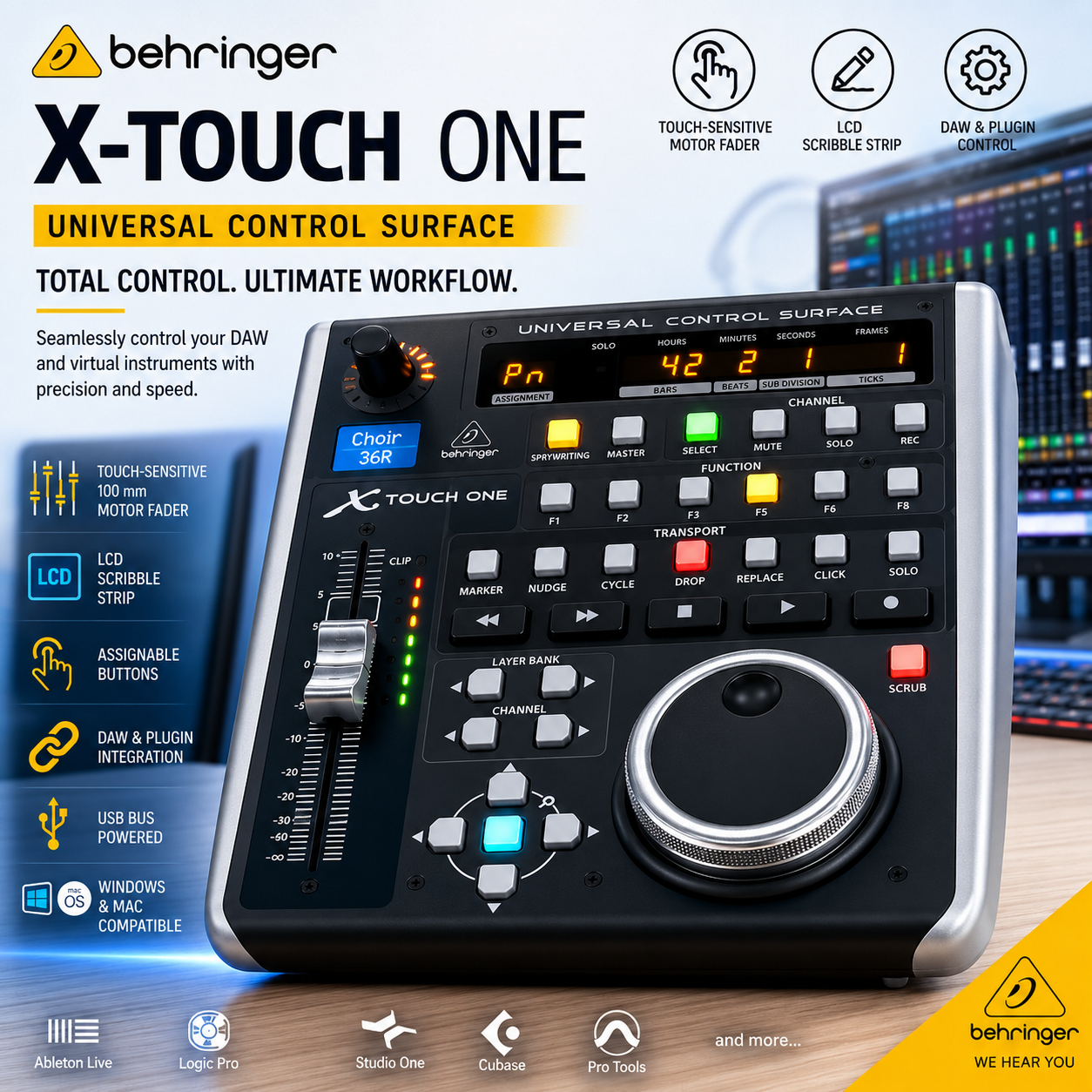 Behringer X-TOUCH ONE – Permukaan Kawalan Universal dengan Fader Bermotor Sensitif Sentuhan dan Paparan LCD Scribble Strip