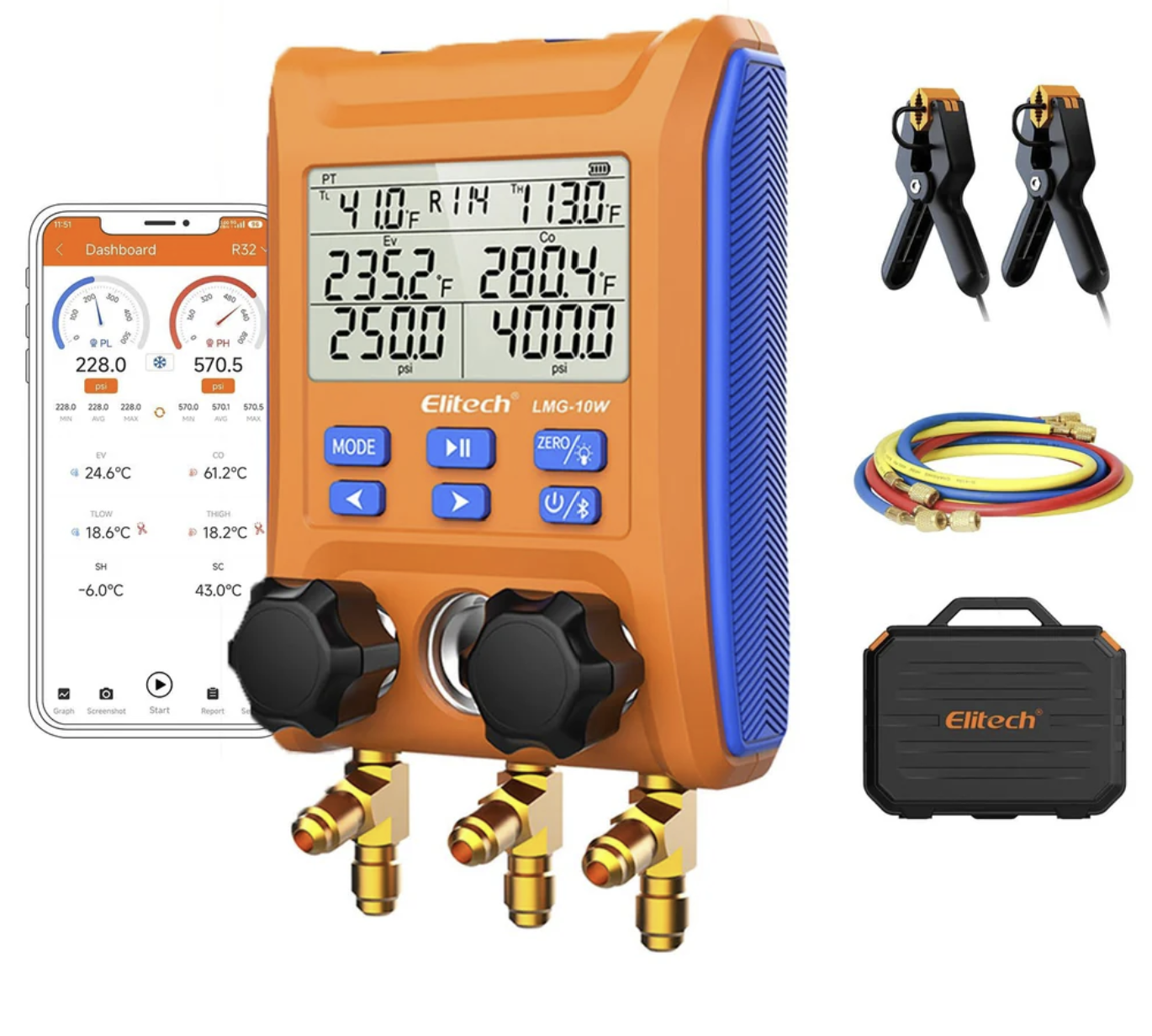 Elitech LMG-10W Digital Manifold Gauge 2-way Valve AC Gauges App Control with Thermometer Clamps for HVAC Systems,