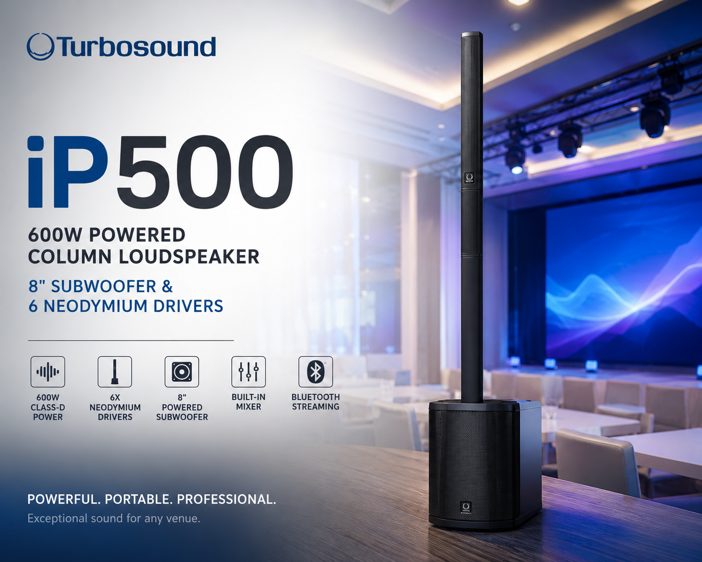 Turbosound iP500v2 – 600W Powered Column Loudspeaker with 8" Subwoofer & 6 Neodymium Drivers