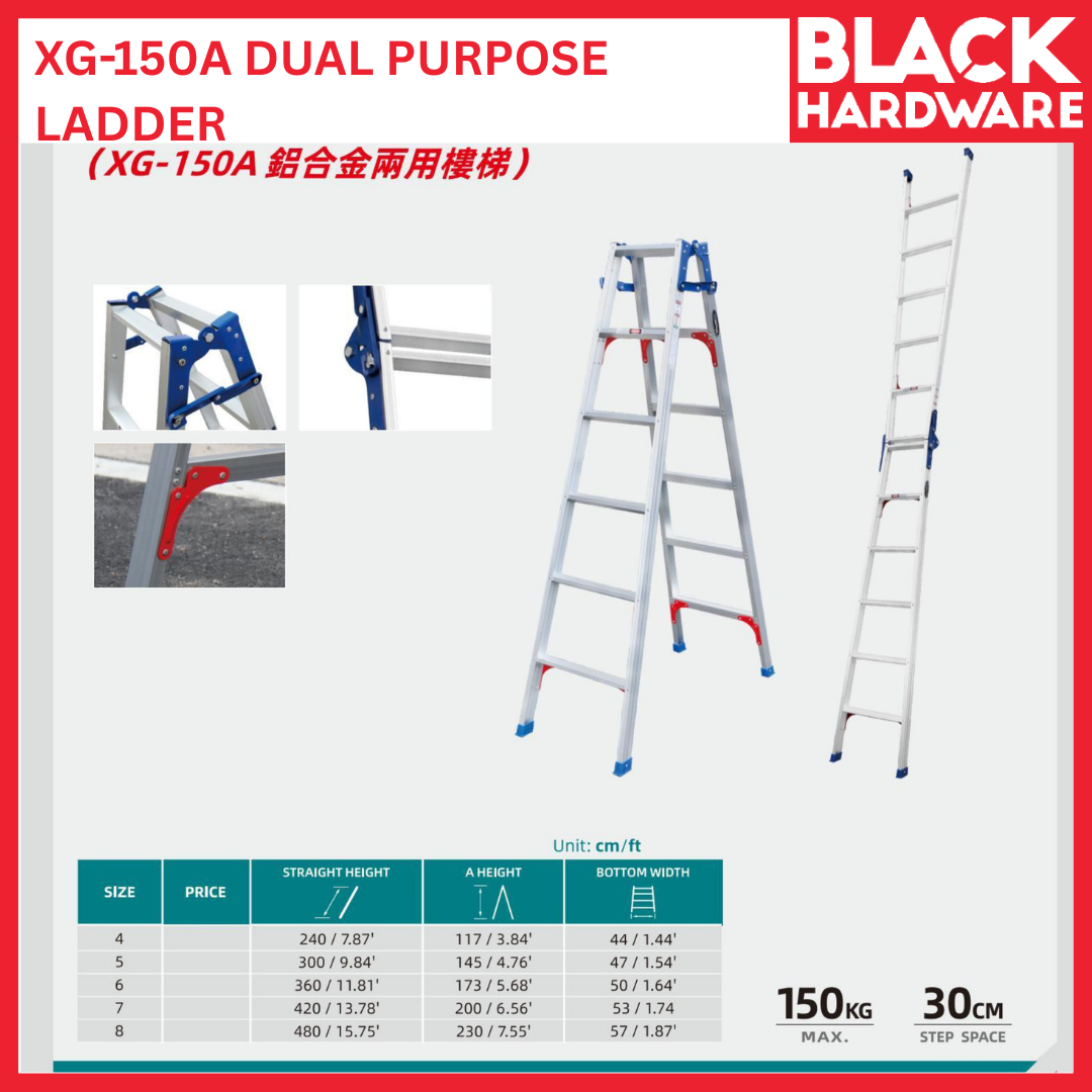 Black Hardware XG-150A Dual Purpose Aluminium Ladder | Heavy-Duty Combination Step & Extension Ladder Malaysia