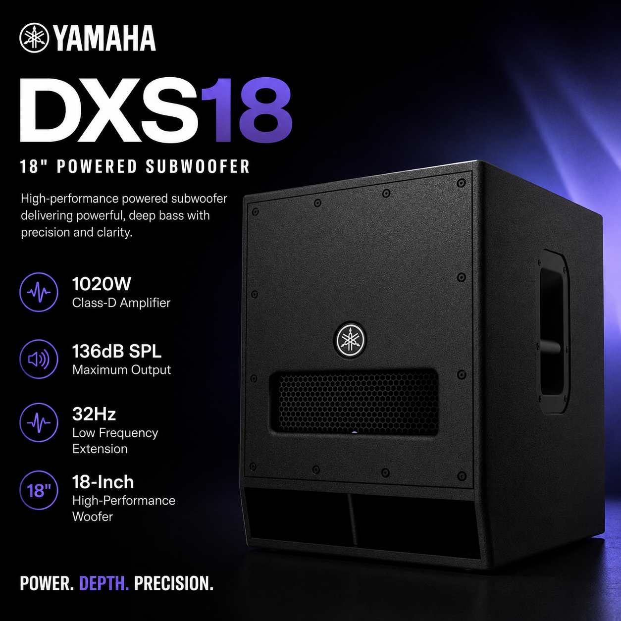 雅马哈 DXS18 – 18寸有源超低音音箱，1020W Class-D 功放，136dB 声压级，低频延伸至 32Hz