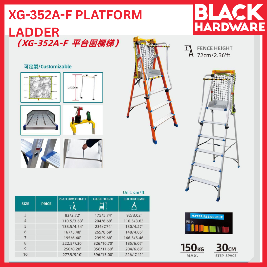 Black Hardware TONGDA XG-352A-F Platform Ladder | Non-Conductive Fiberglass Safety Cage Step Ladder Malaysia