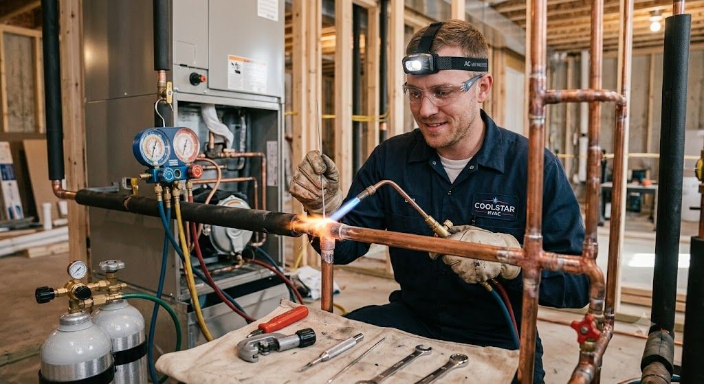 HVAC installation silver brazing copper pipes