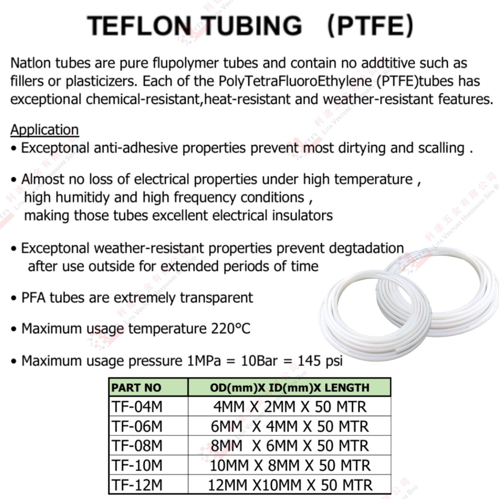 TEFLON TUBING (PTFE) - TF04M TF06M TF08M TF10M TF12M