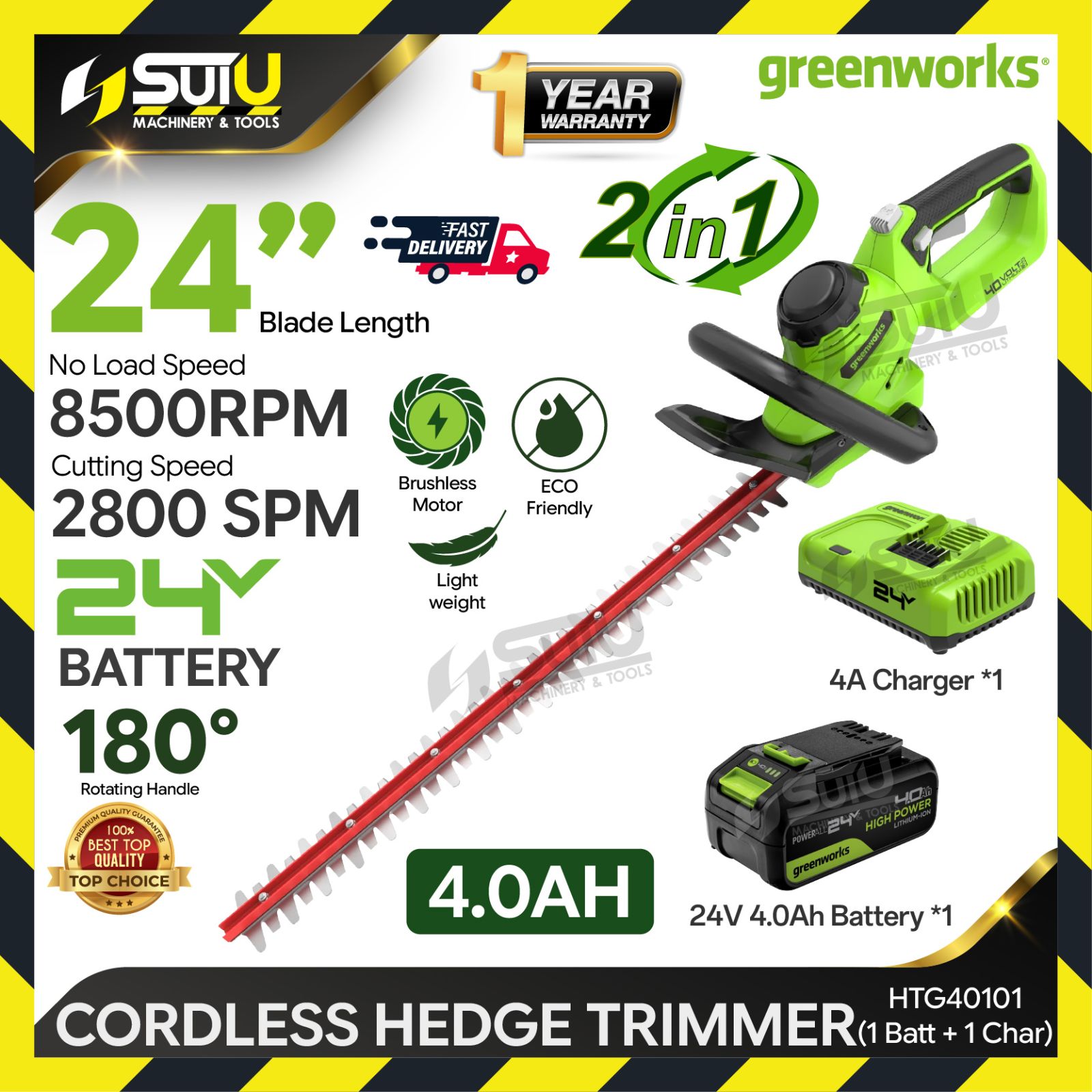 [4.0AH SET] GREENWORKS HTG40101 24V 24" / 61CM Cordless Hedge Trimmer 2800SPM w/ 1 x Battery 4.0Ah + Charger