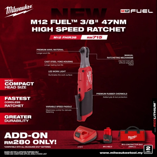 Milwaukee High Speed Ratchet M12 FUEL™ 3/8" 47Nm 