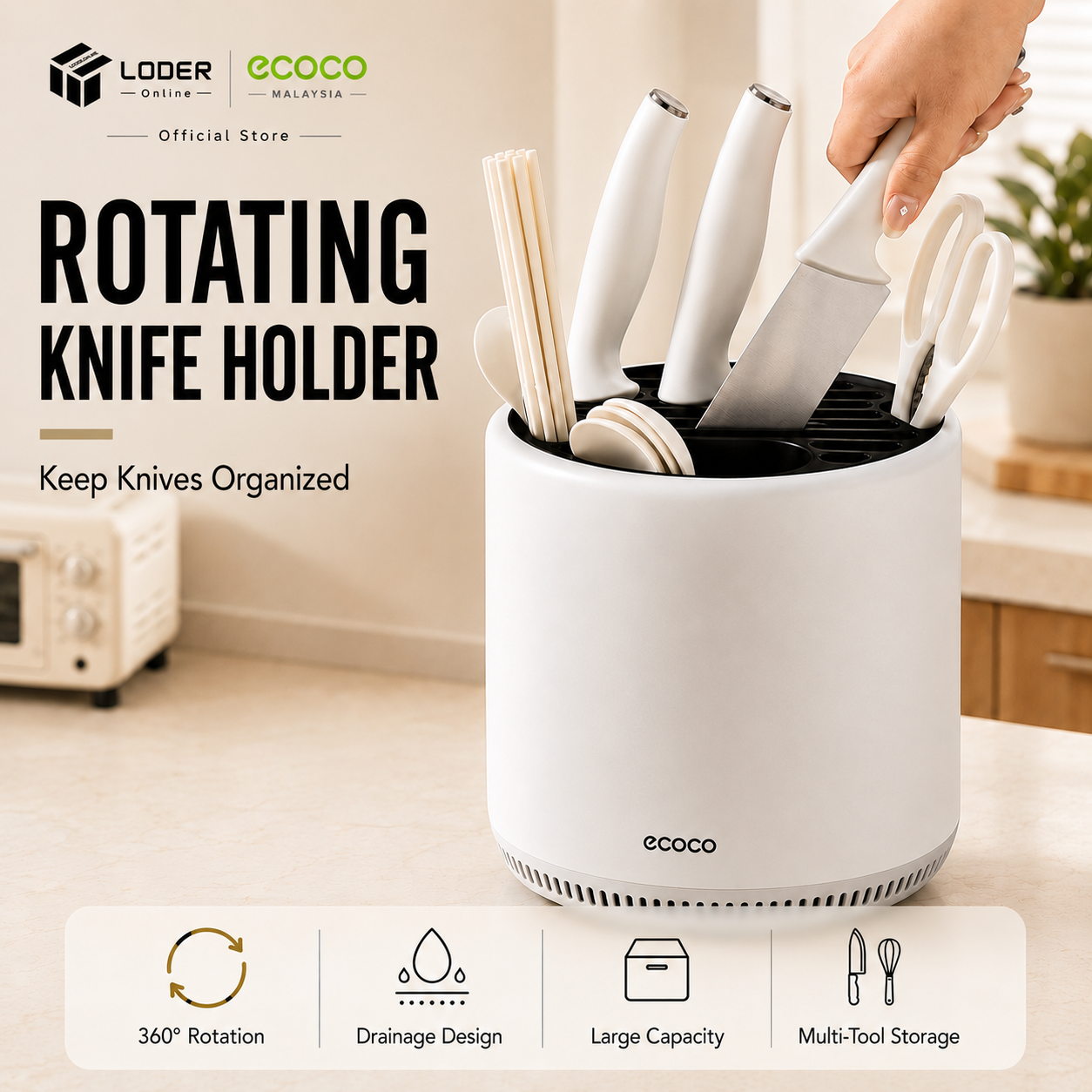LODER ECOCO Rotating Knife Holder 360掳 Knife Block Cutlery Utensil Organizer Ventilated Drainage Rack