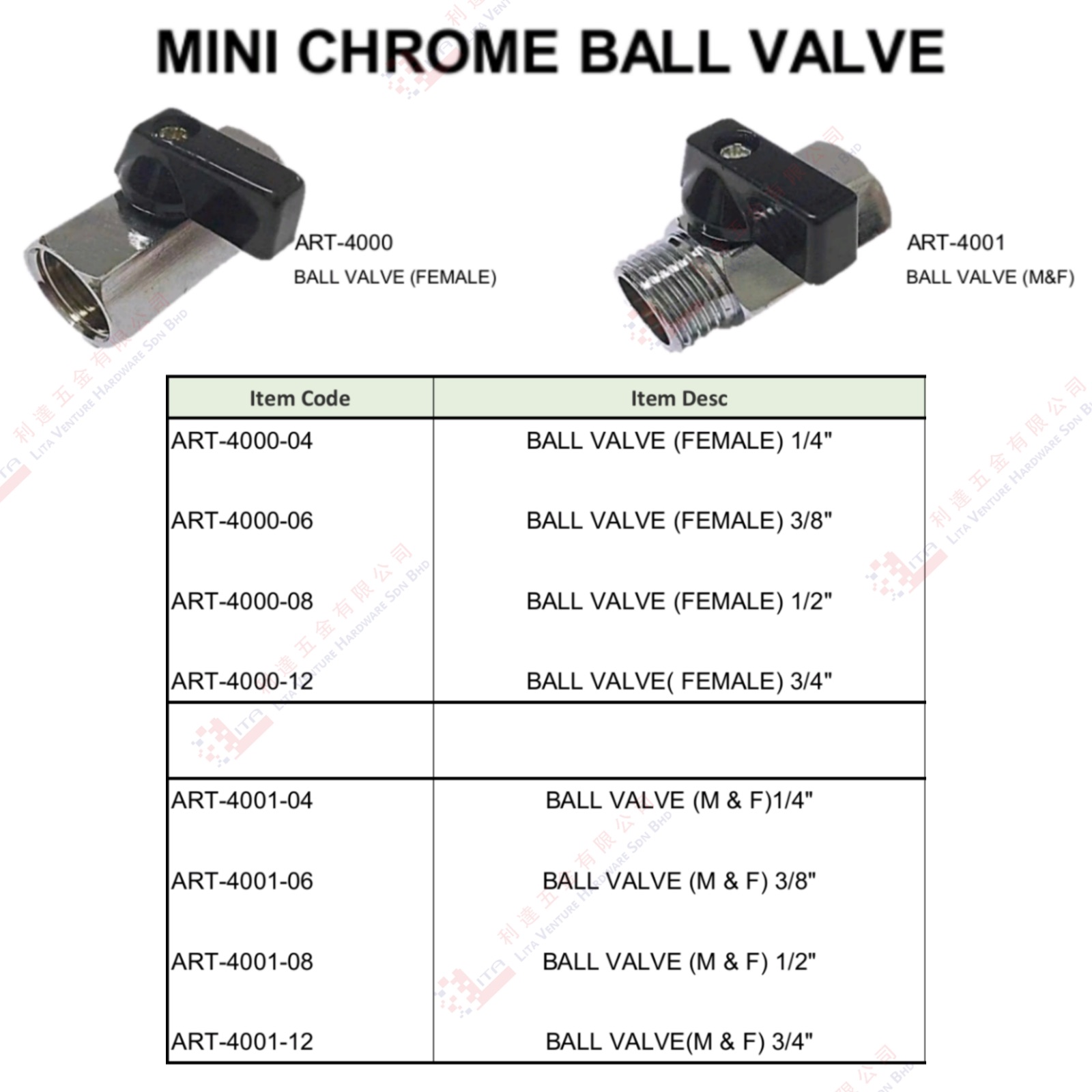 MINI CHROME BALL VALVE - ART400004 ART400006 ART400008 ART400012 ART400104 ART400106 ART400108 ART400112