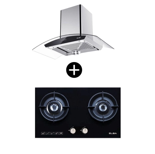 Elba Designer Hood INFINITO EH-J9088(SS)  + Elba 2 Burners Glass Stove EGH-N8822(BK) - High Quality Tempered Glass, Black  - GOMALL GROUP (M) SDN. BHD.