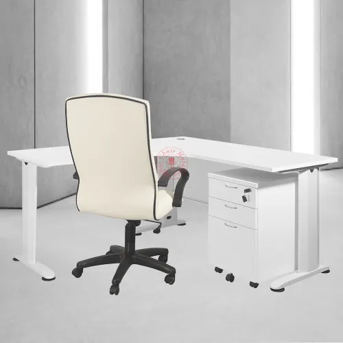 Full White L-Shape Table c/w Mobile Pedestal 2D1F | Office Table | Meja L Shape | Meja Pejabat