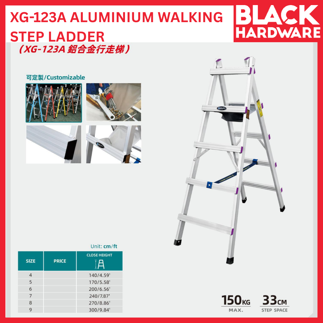 Black Hardware TONGDA XG-123A Aluminium Walking Step Ladder | Compact Folding Household Ladder