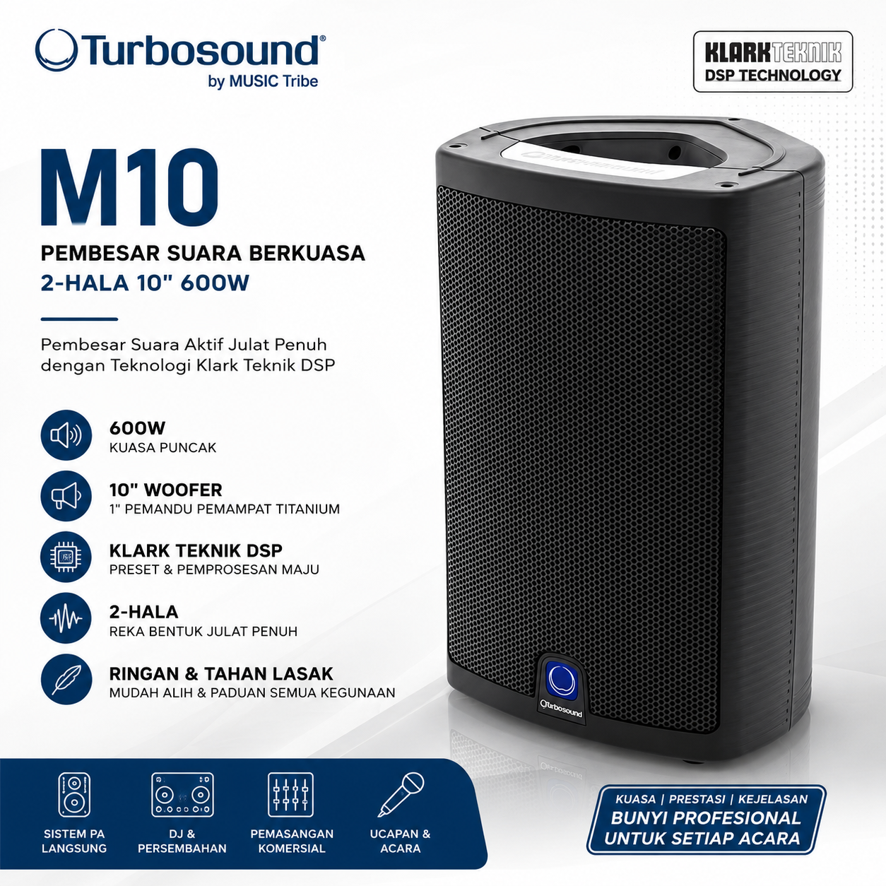 Turbosound M10 – 600W 2-Way 10" Full-Range Powered Loudspeaker with Klark Teknik DSP + Free Speaker Stand (While Stocks Last)