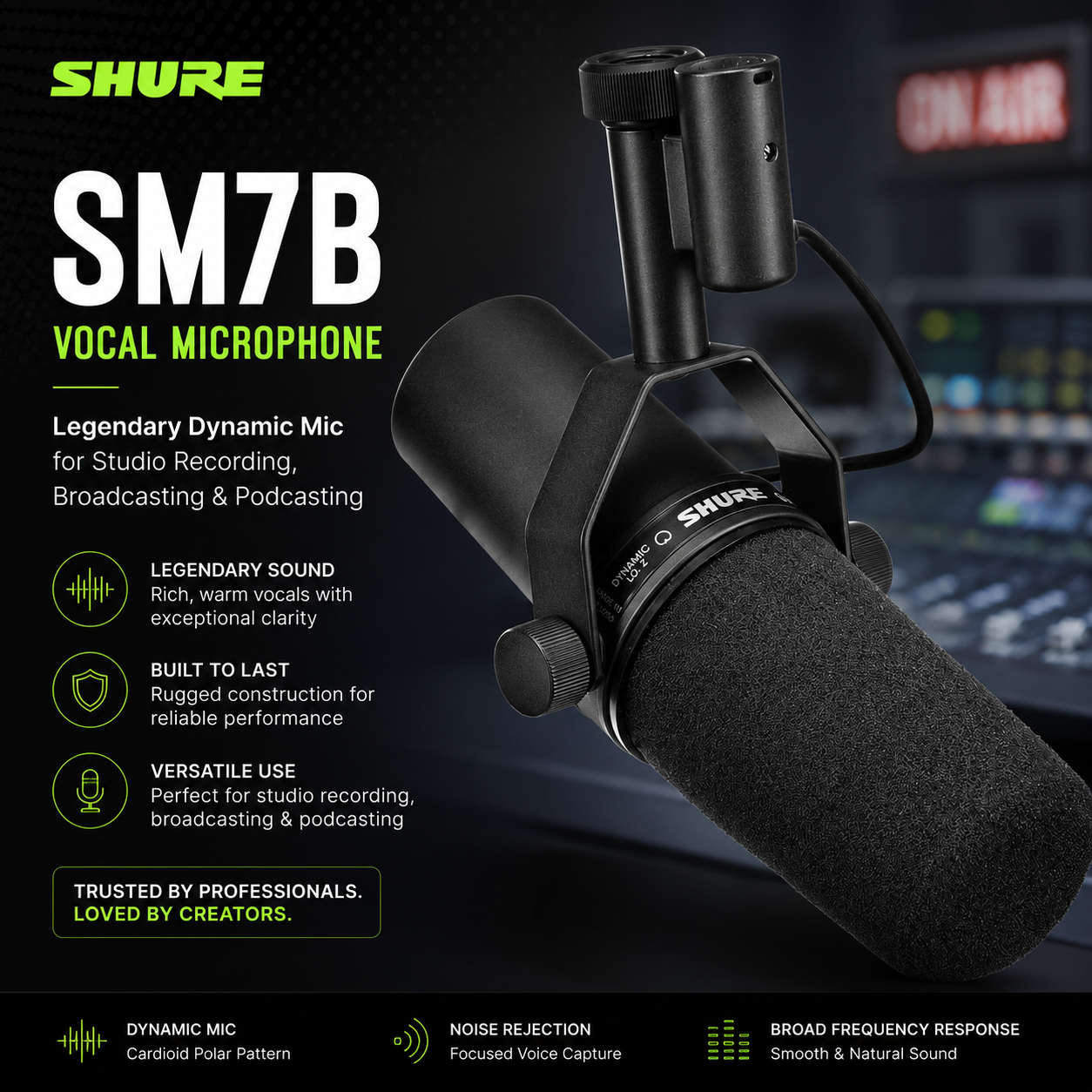 Shure SM7B Vocal Microphone – Legendary Dynamic Mic for Studio Recording, Broadcasting & Podcasting