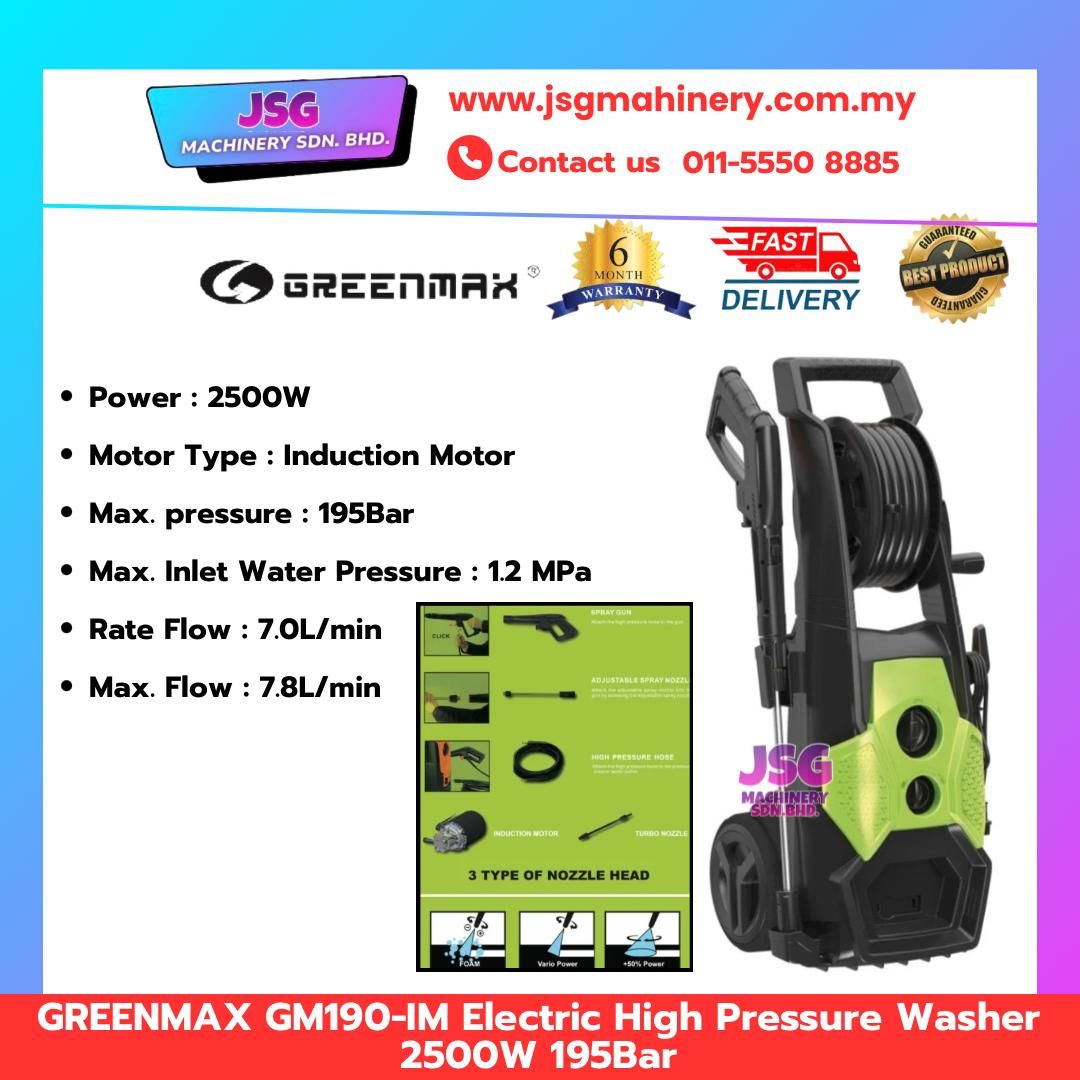 GREENMAX GM-190IM Electric High Pressure Washer 2500W 195Bar Powerful Car & Industrial Cleaner