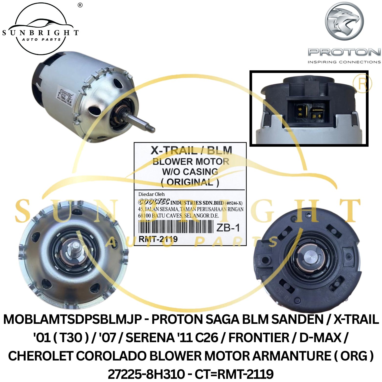 MOBLAMTSDPSBLMJP - PROTON SAGA BLM SANDEN / X-TRAIL '01 ( T30 ) / '07 / SERENA '11 C26 / FRONTIER / D-MAX / CHEROLET COROLADO BLOWER MOTOR ARMANTURE ( ORG ) 27225-8H310 - CT=RMT-2119