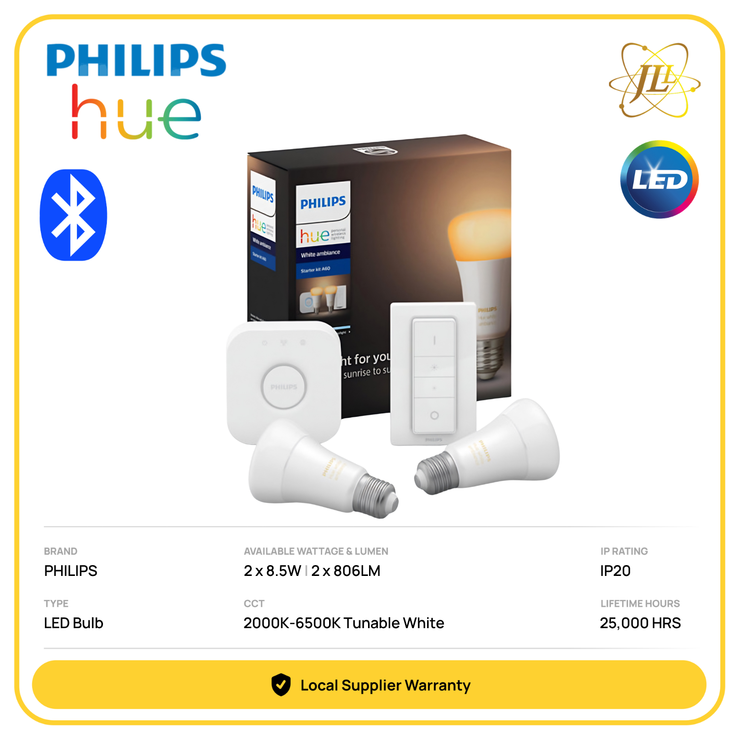 PHILIPS HUE BLUETOOTH STARTER KIT, 2*8.5W A60 E27 LED HUE SMART BULBS BLUETOOTH VERSION + HUE BRIDGE + HUE DIMMER SWITCH