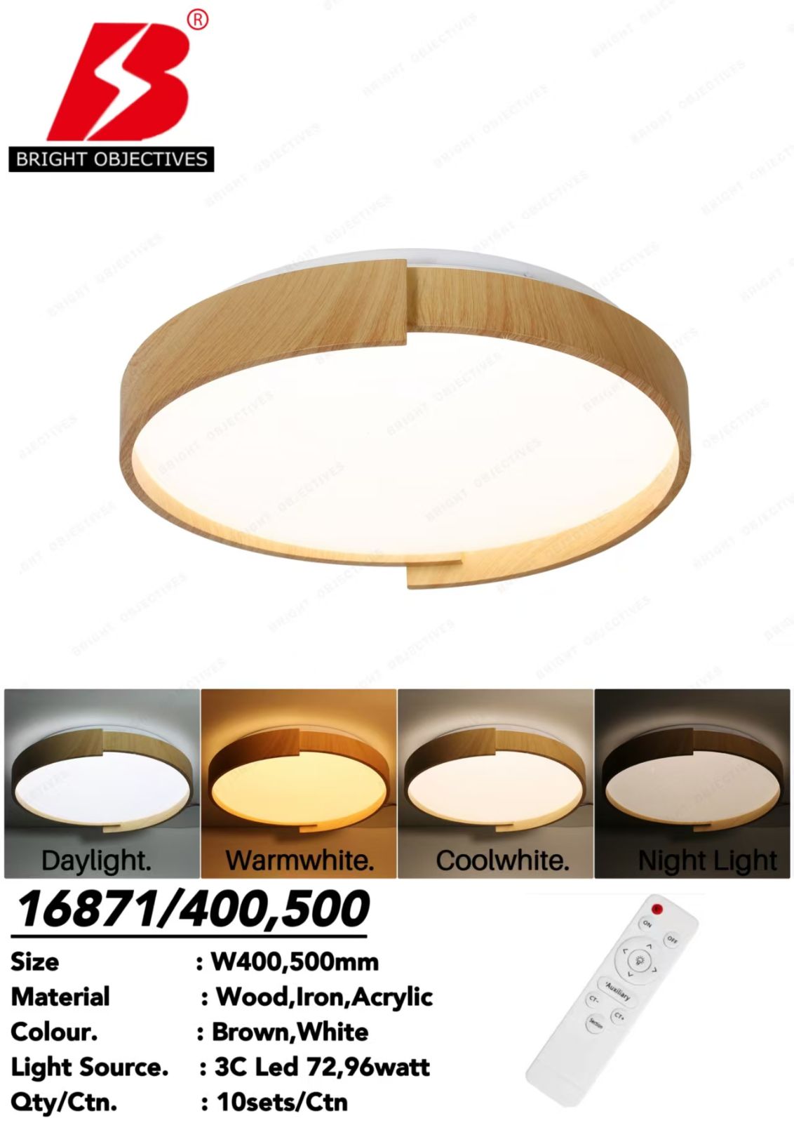 Modern Ceiling Light Wood Frame style with 3 Color Light - 16871