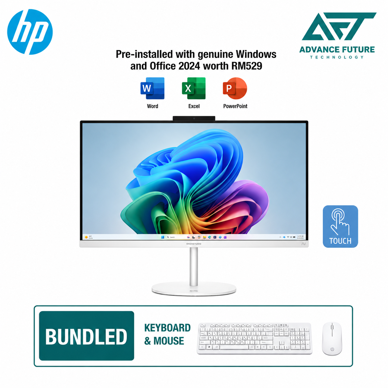 HP OmniStudio 27-cu0008d 27" FHD Touch All-in-One Desktop PC Cotton White ( Intel Core i5 1334U, 16GB, 1TB SSD, Intel, W11, H&S 2024&M365 )