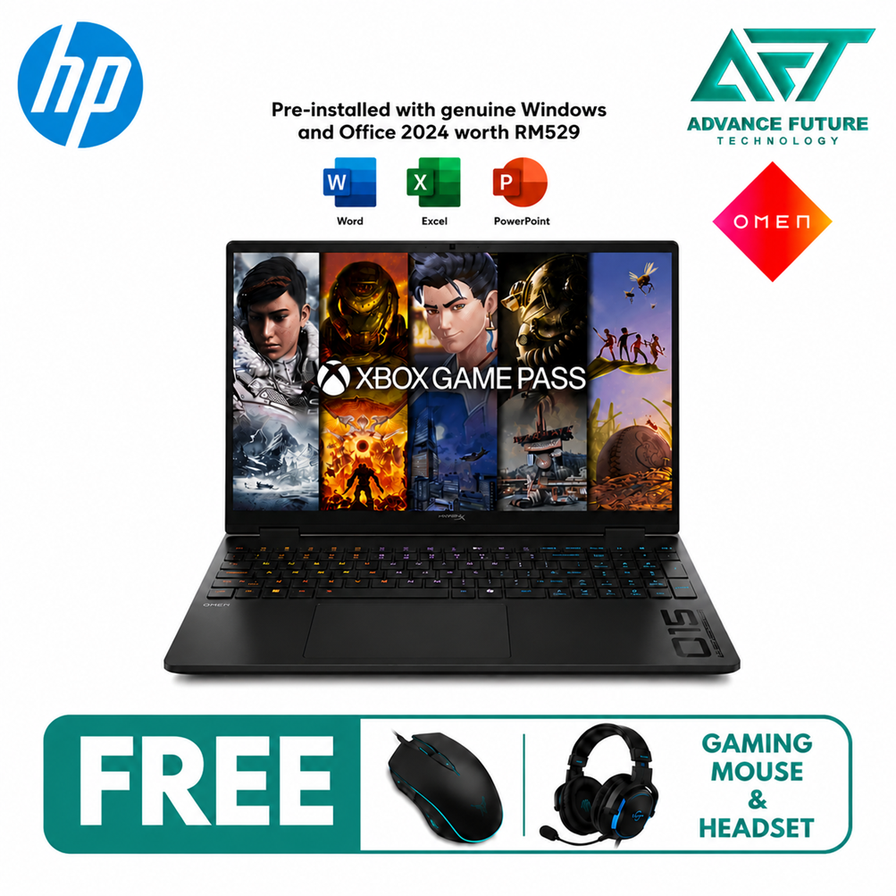 HP HyperX Omen 15-gb0040AX 15.3" 2K 165Hz Gaming Laptop Shadow Black ( AMD Ryzen 5 240, 16GB, 512GB SSD, RTX5050, W11, H&S 2024&M365 )