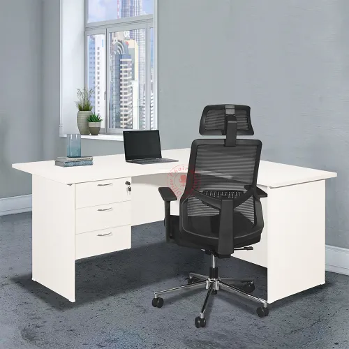 L Shape Table with Fixed Pedestal | White Office Desk | Writing Table | Meja Pejabat putih | Meja Office | Meja L Shape