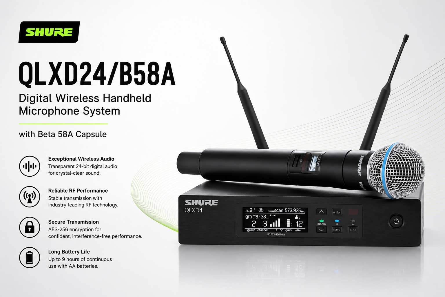 舒尔 Shure QLXD24/B58A 数字无线手持麦克风系统（配 Beta 58A 音头）